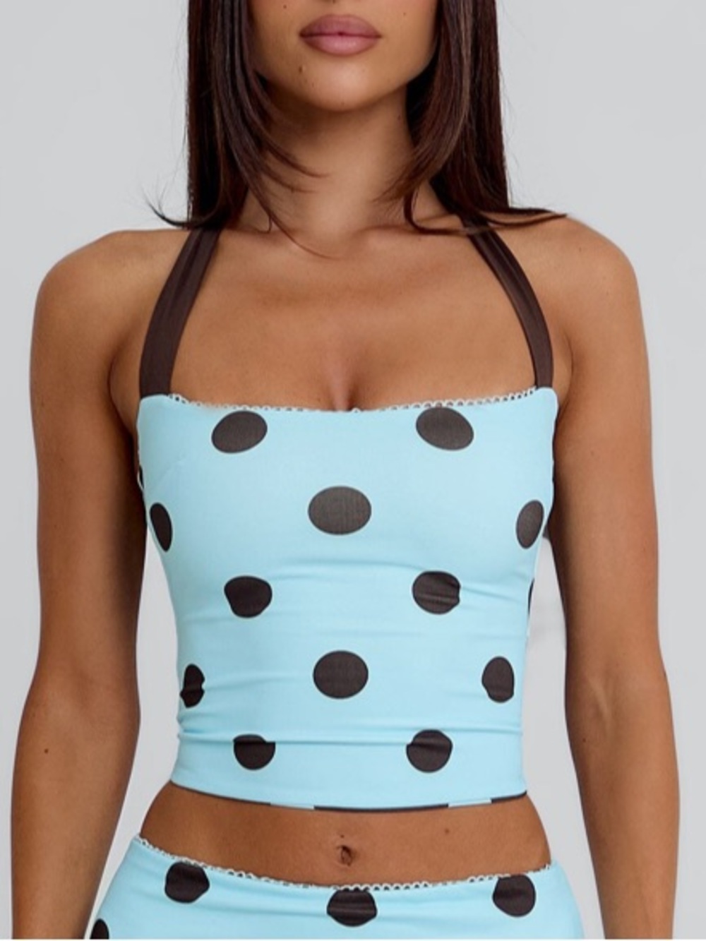 Outcast Lula reversible top blue chocolate brown polka dots